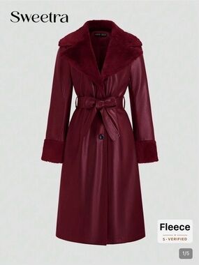 SHEIN Burgundy Faux Leather Trench Coat with Fleece Collar